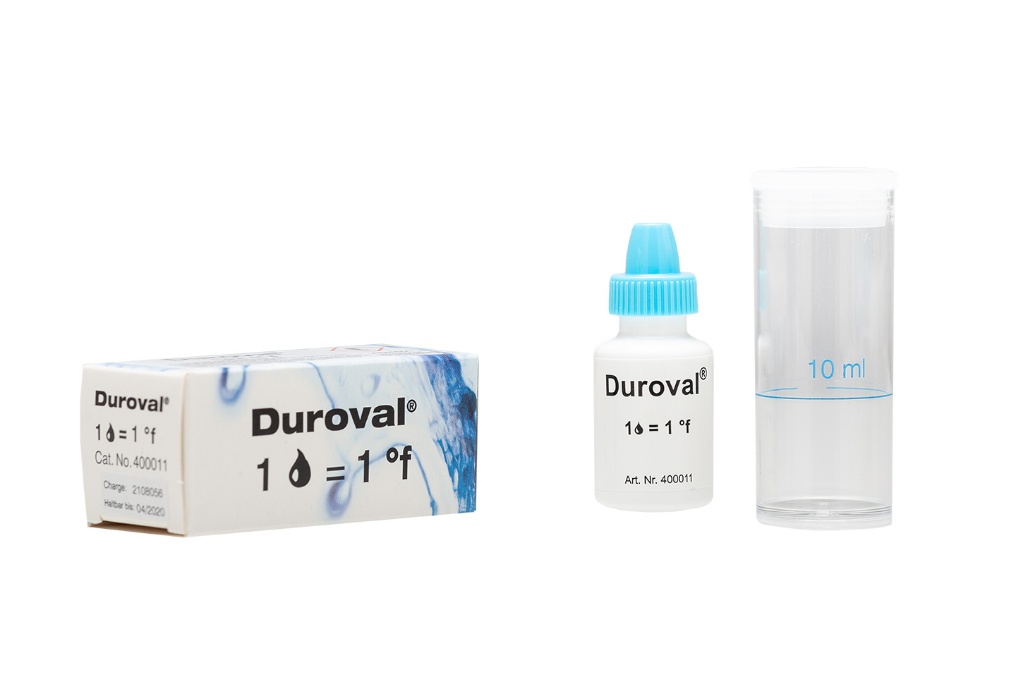 DUROVAL® 1 drop = 1 °f Drop Count Titration Test DUROVAL® 1 Tropfen = 1 °f Titrations-Test, Frontansicht mit Messröhrchen und Reagenzflasche, Set zur Wasserhärtebestimmung