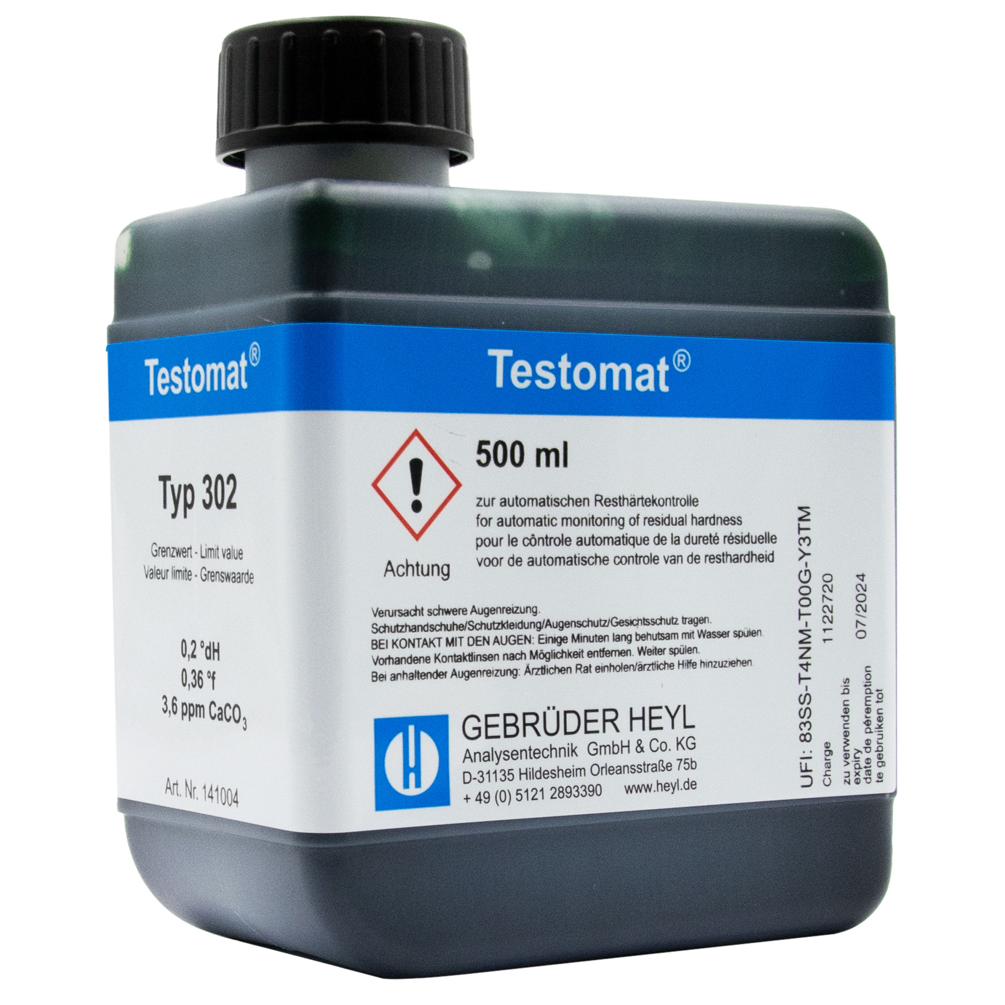 Testomat® 808 Indicator 302, original container 500 ml, residual hardness determination, side view