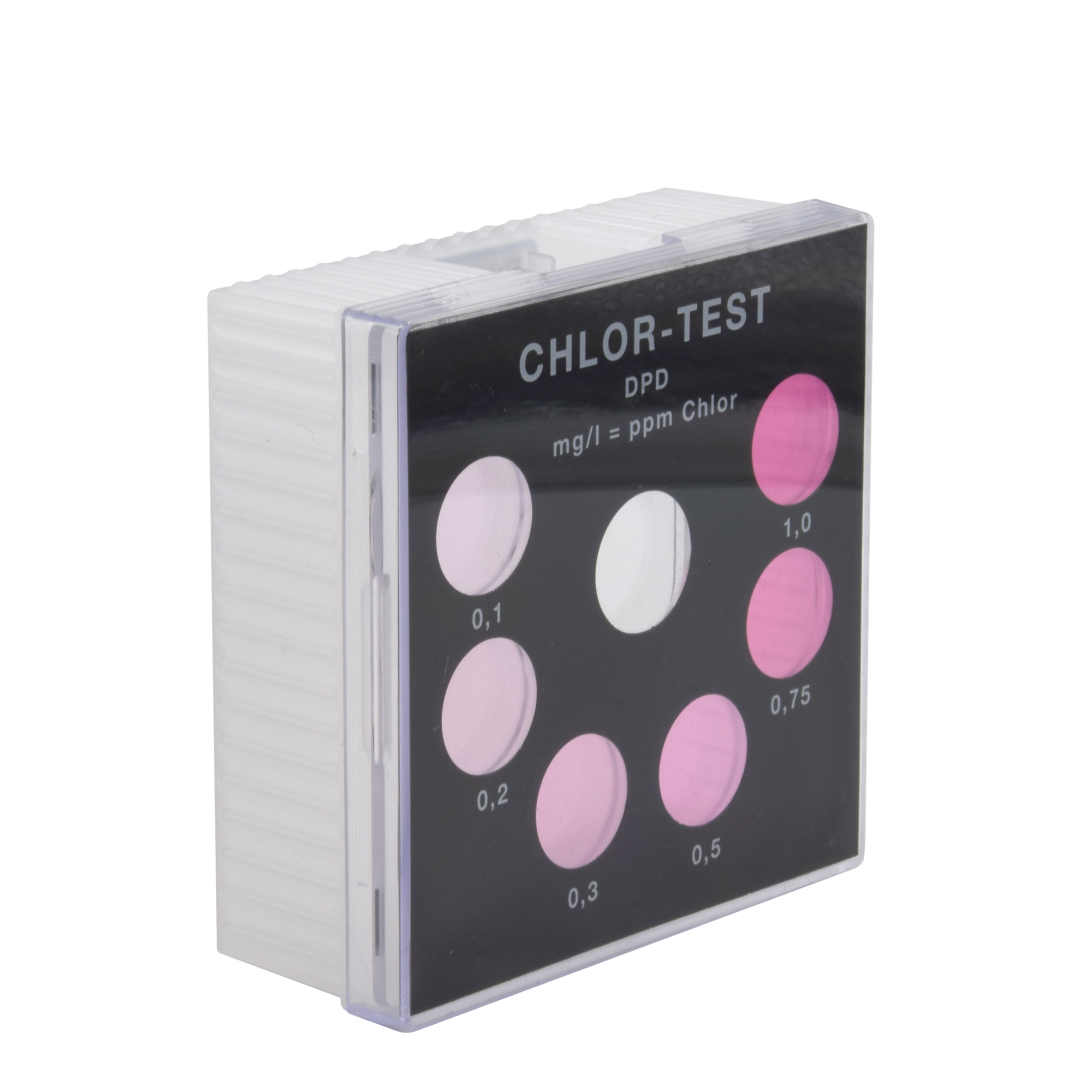 Chlor DPD 0,1–1 mg/l Farbvergleichsgerät Testoval, Seitenansicht zeigt kompaktes Design