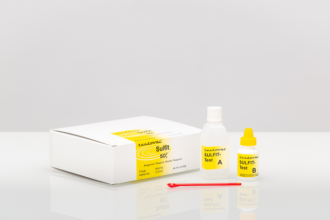 Refill pack: Reagents for Testoval® Sulfite Testoval Sulfit Reagenzien Nachfüllpackung, Frontansicht mit vier kleinen Reagenzfläschchen, Nachfüllset für Sulfitanalyse