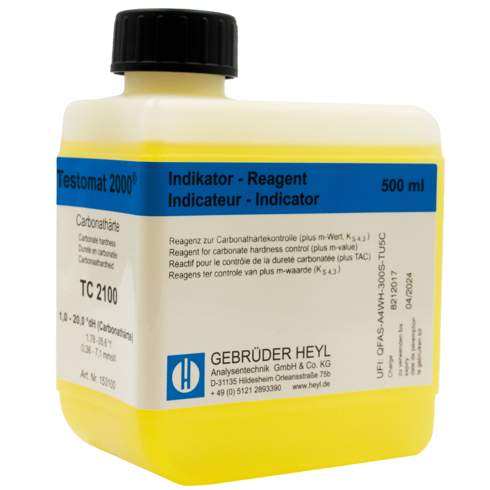 Testomat® Indikator TC2100 500ml, diagonale Ansicht der Laborflasche mit Produktetikett