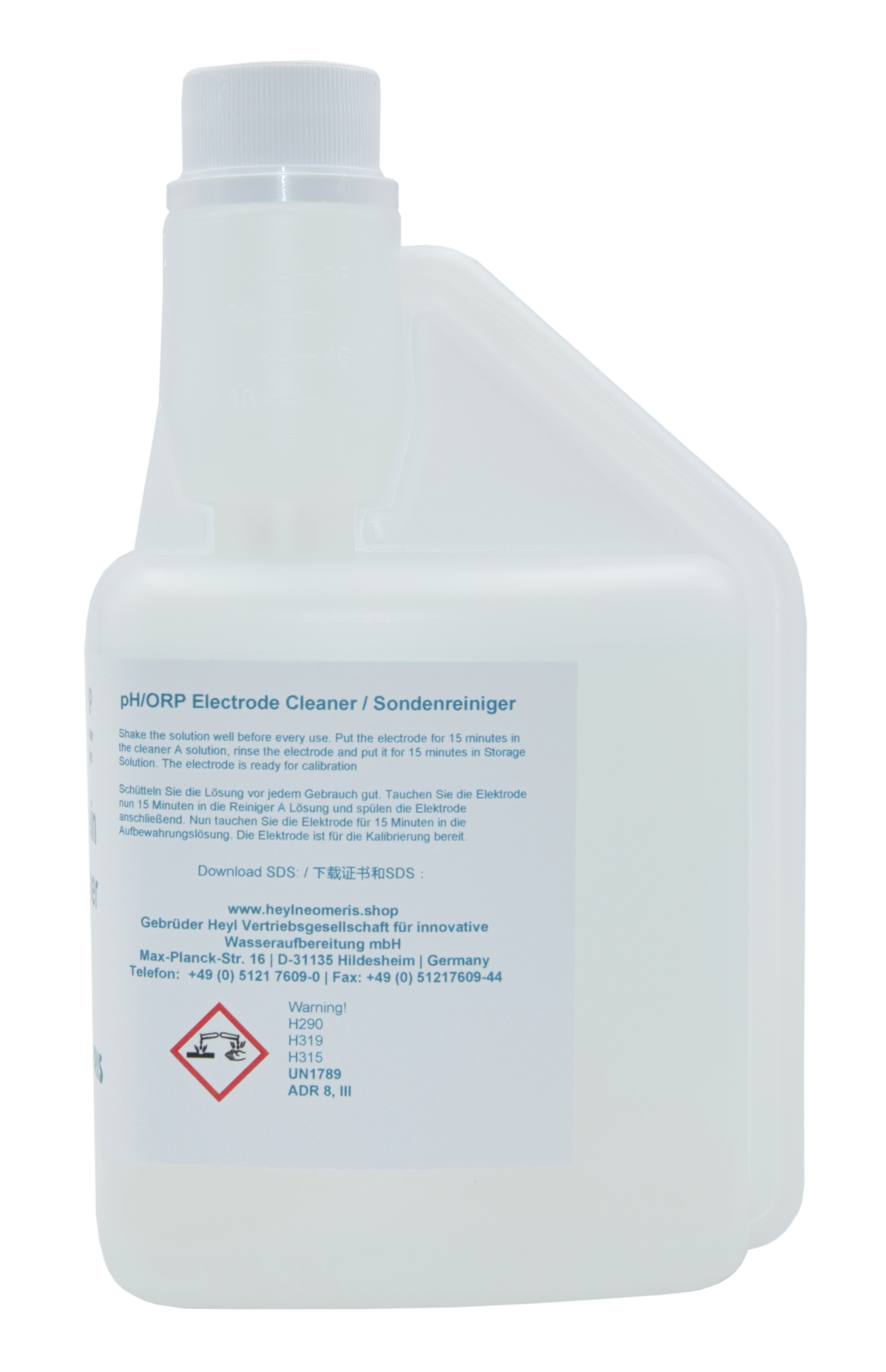 Reinigungslösung für pH- und Redox-Elektroden, Seitenansicht 500 ml Flasche, klare Plastikflasche mit blauem Etikett, hygienischer Verschluss, Pepsin Sondenreiniger