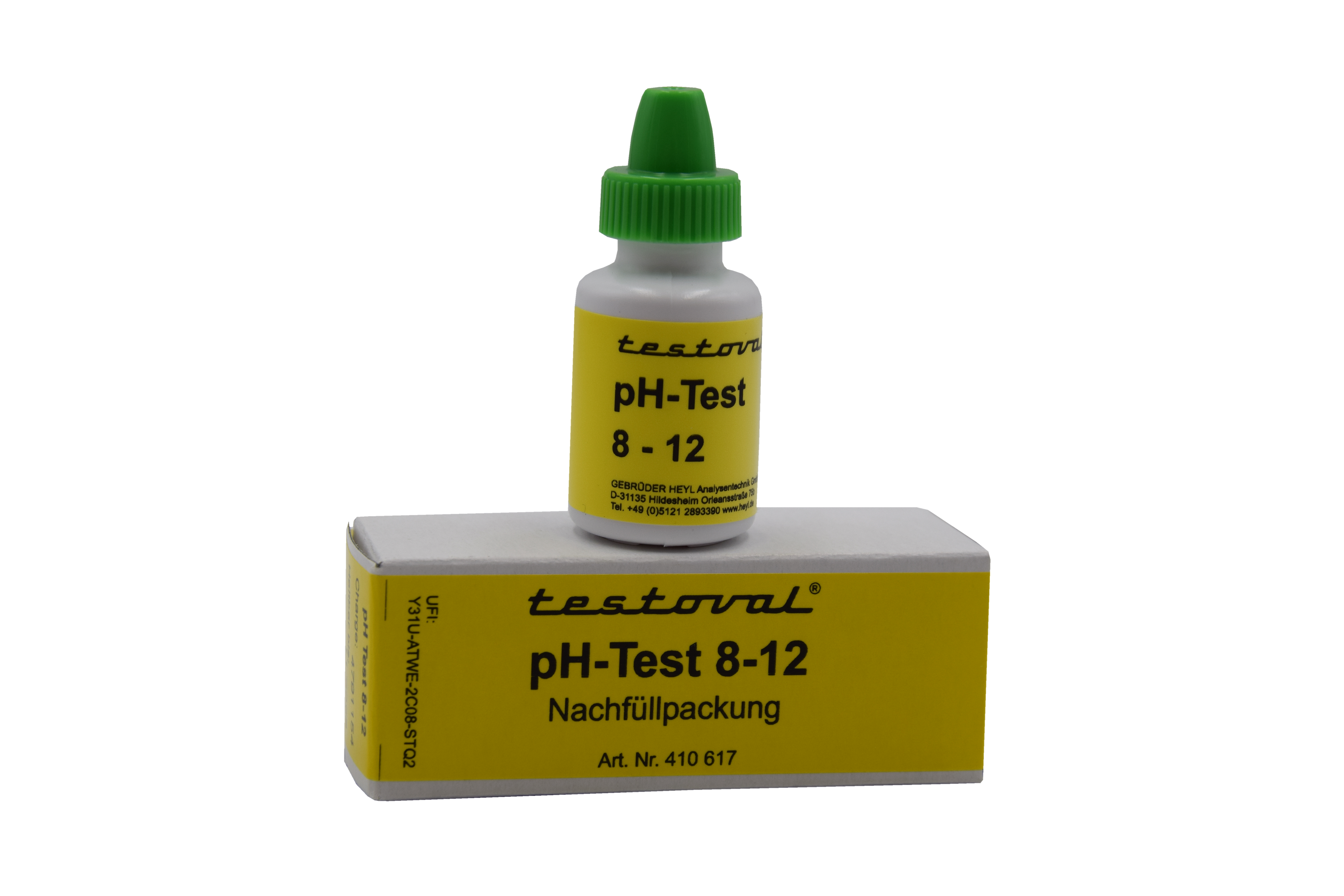Testoval pH-Bereich 8 bis 12 Reagenzien Nachfüllpackung, Frontansicht der Verpackung mit Produktname, 250 Analysen möglich