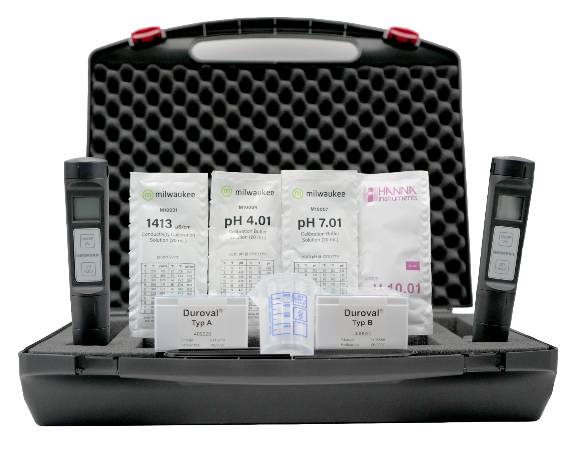 Professional analysis kit for heating water, interior view with conductivity and pH meter, titration sets, buffer solutions and measuring beaker, our item number 880553