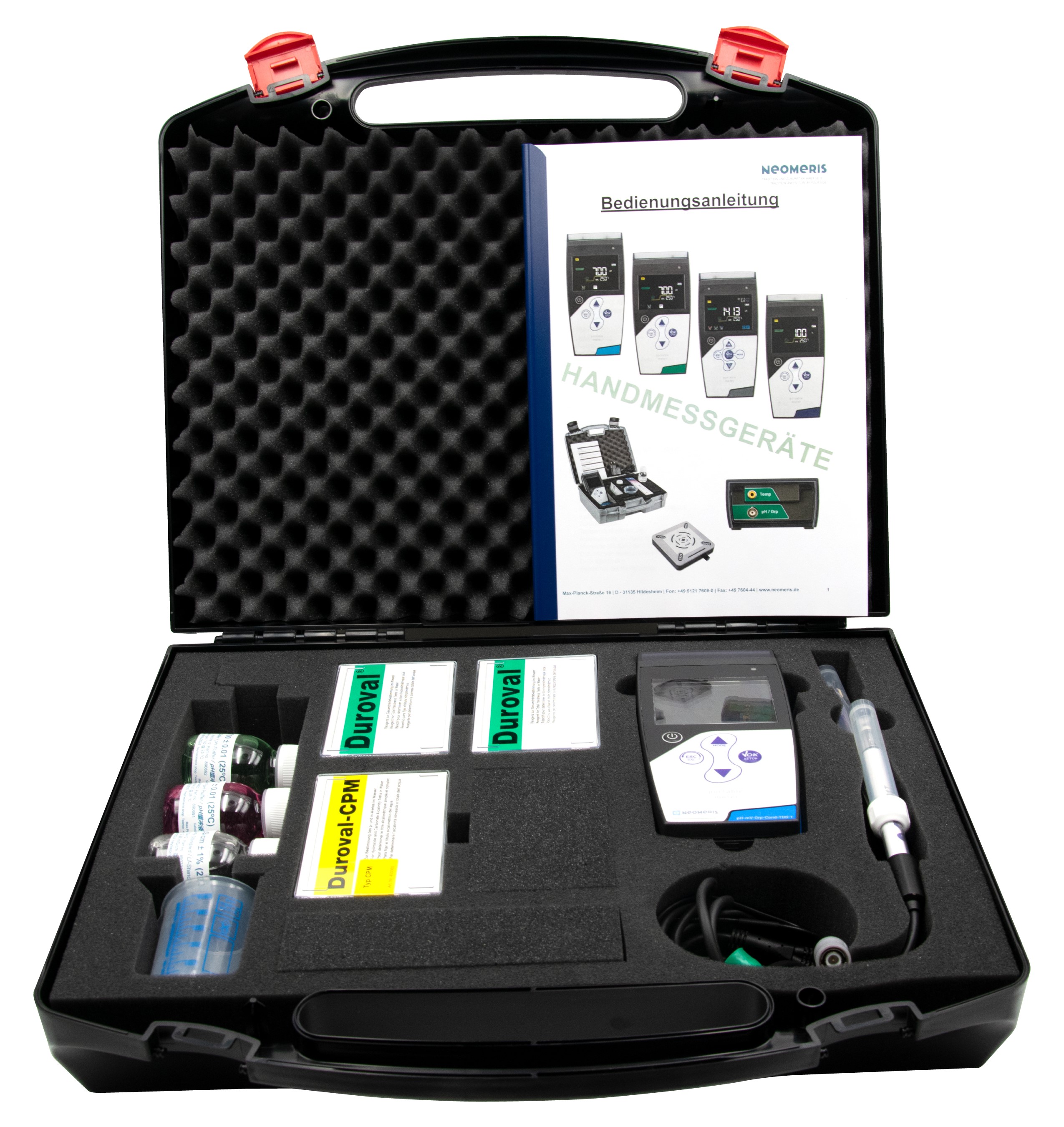 Professional-Analysenkoffer Kesselhaus, Frontansicht Handmessgerät mit Display, schwarze Oberfläche, zwei Sondenanschlüsse, multifunktionales Messgerät, tragbares Wasserlabor