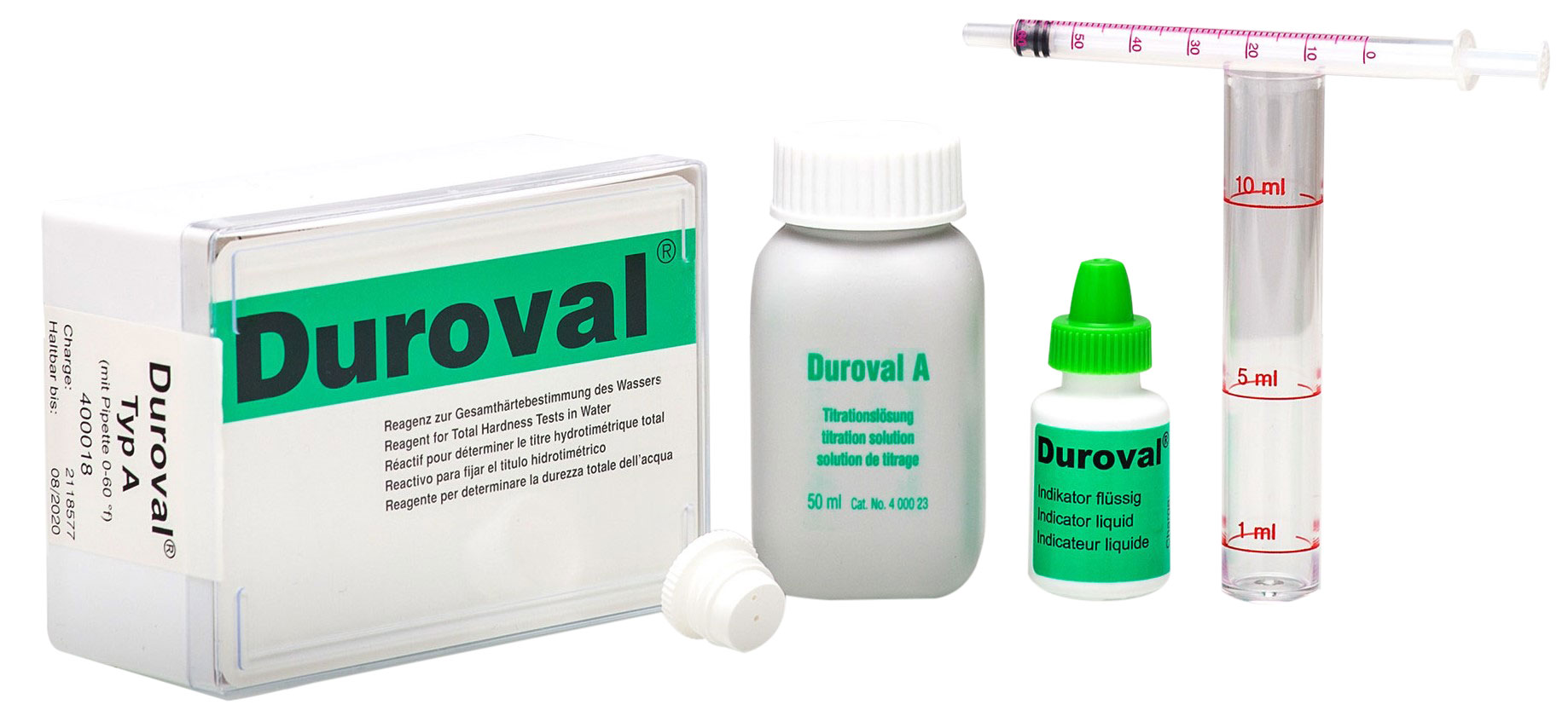 DUROVAL® A Test kit 0-60 °f DUROVAL A Testbesteck 0-60 °f, Frontansicht der Verpackung und Inhalt, Wasserhärtebestimmung durch Titration