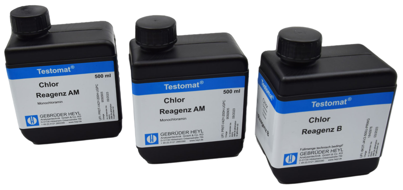 Testomat Chlorine Reagent Kit M (Monochloramine) Testomat Chlor Reagenzsatz M Monochloramin, 3 Flaschen mit deutlich lesbarem Produktnamen