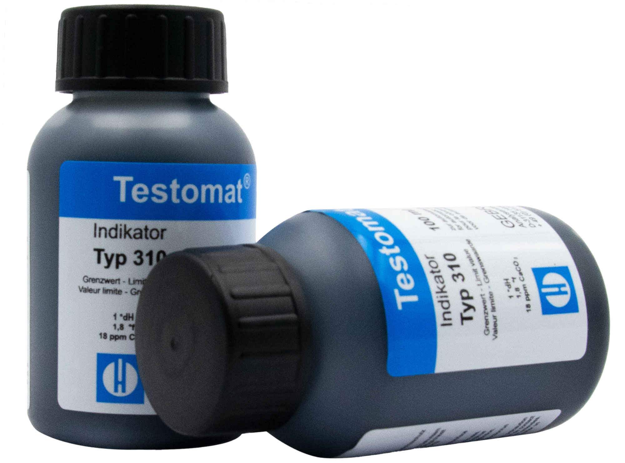 Testomat® 808 Indicator 310, front view of bottles, 2x100 ml container, residual hardness 1 °dH