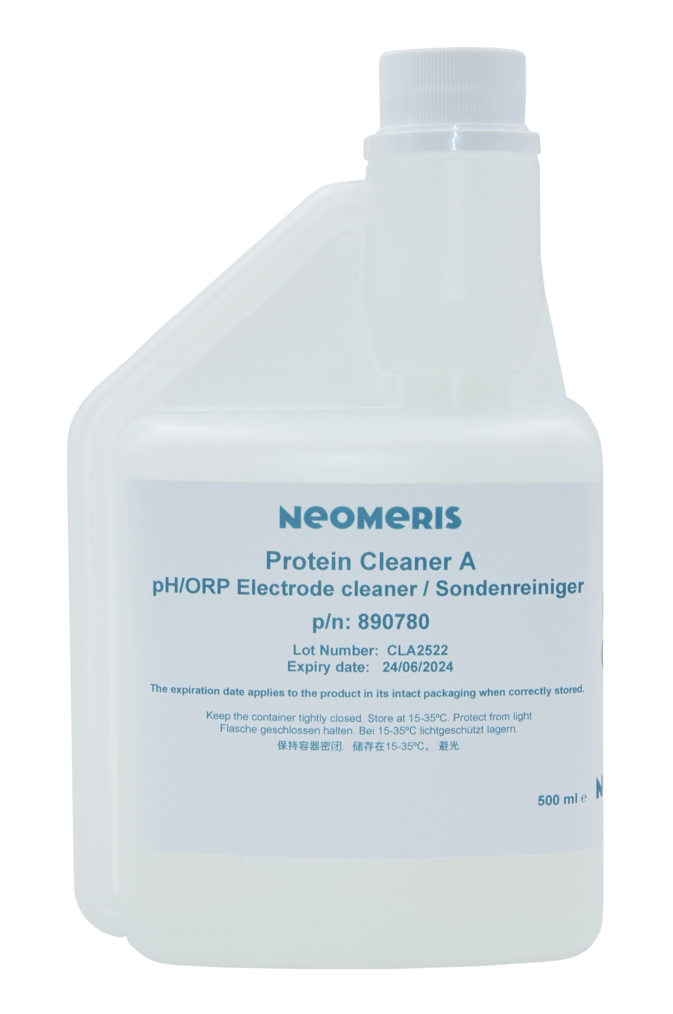 Neomeris cleaning solution for pH and redox electrodes (Pepsin) - probe cleaner Reinigungslösung für pH- und Redox-Elektroden, Frontansicht 500 ml Flasche, transparente Flasche mit blauem Etikett, Hygieneverschluss gegen Verunreinigung