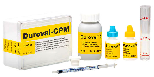DUROVAL® CPM DUROVAL® CPM, Frontansicht der Verpackung mit Messröhrchen und Pipette, für Wasseranalyse