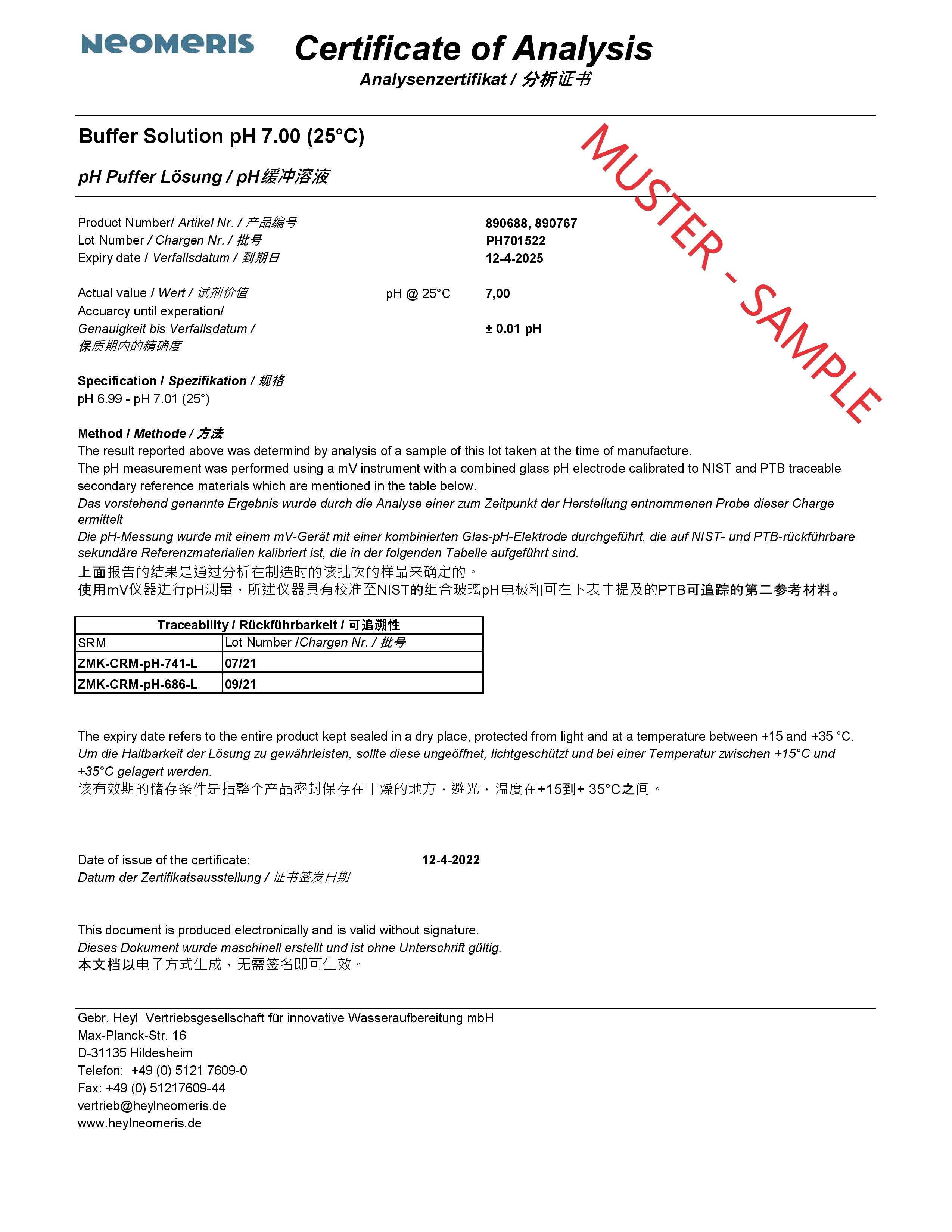 Analysezertifikat pH Pufferlösung mit Details zu Kalibrierqualität, Nachweis für geprüfte Pufferlösung pH 7