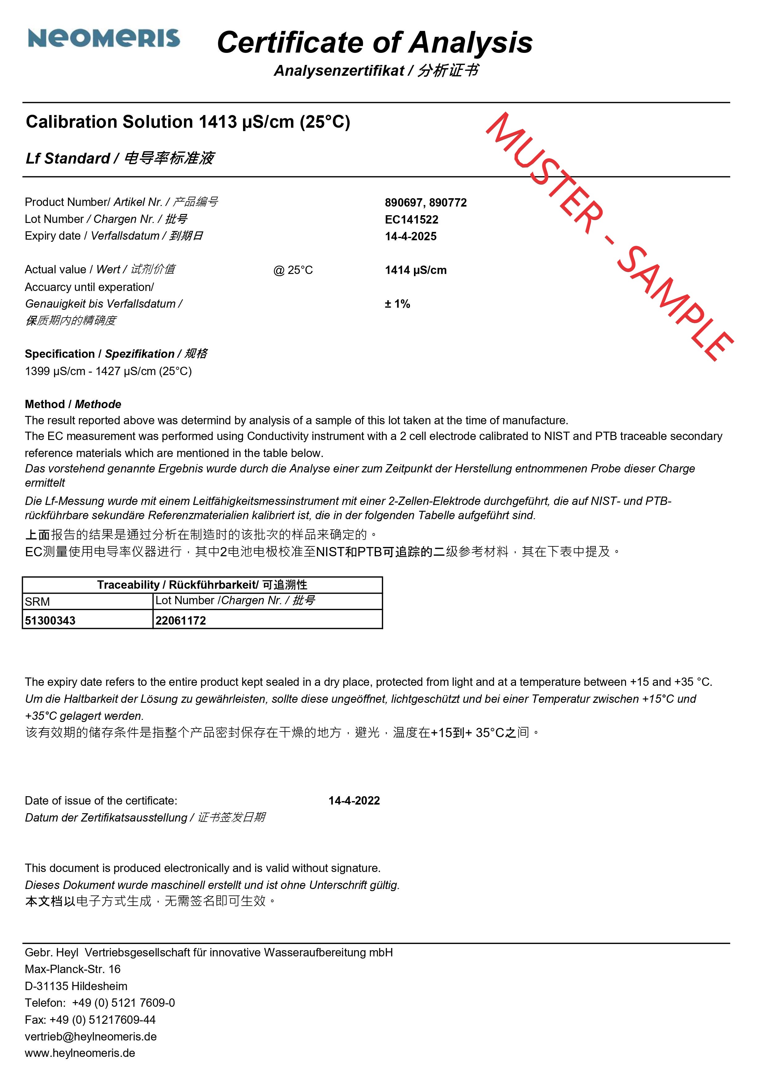 Leitfähigkeitskalibrierlösung, Zertifikat des Analyseberichts zur Qualität der Kalibrierlösung, offizielles Prüfdokument, bestätigt Genauigkeit und Reinheit Muster