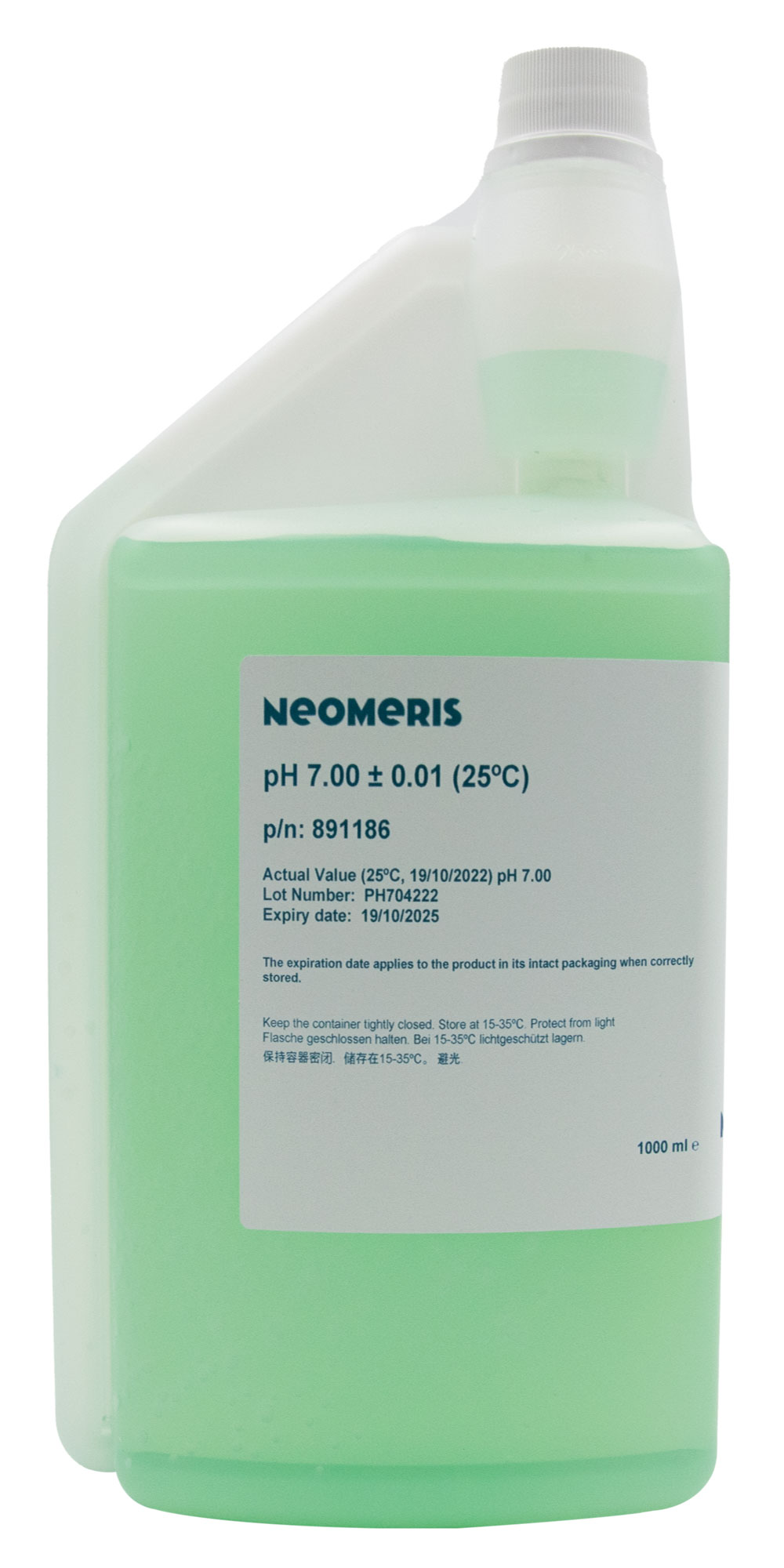 Neomeris pH 7.00 Pufferlösung 1 Liter Flasche, Frontansicht grünliche Flüssigkeit