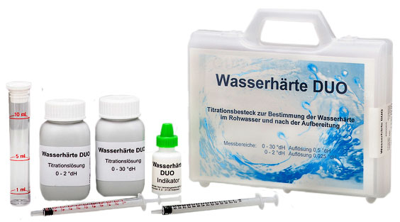 Water hardness DUO test kit Wasserhärte DUO Titrationsbesteck, Komplettset mit Flaschen und Zubehör, Messbesteck für °dH