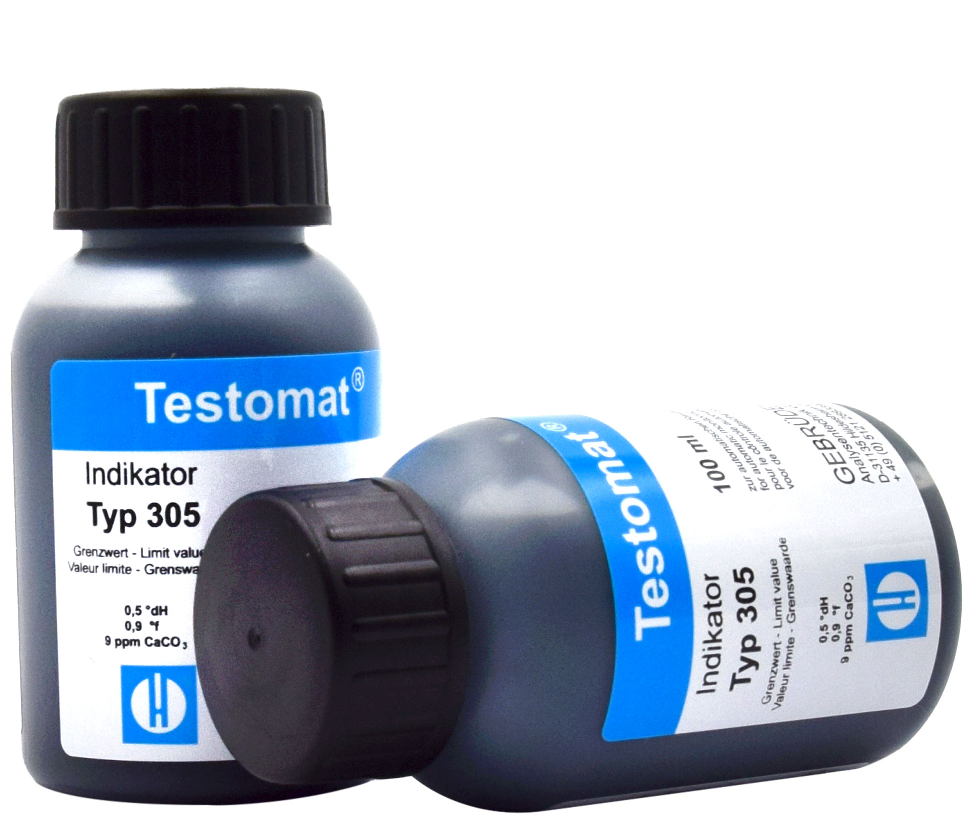 Testomat® 808 Indicator 305, side view of the 100 ml bottles, compact size, residual hardness test