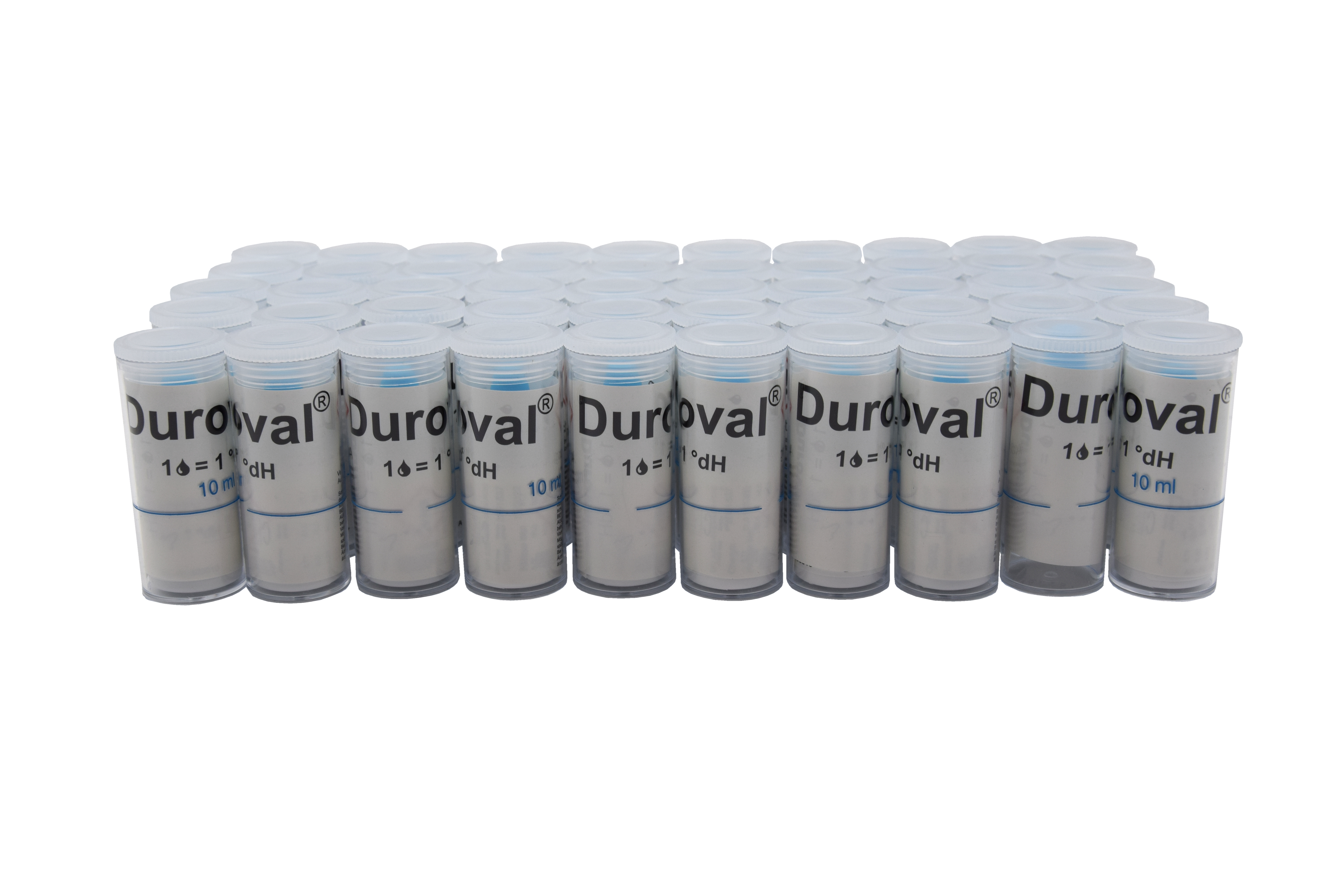 DUROVAL® 1 Tr. = 1°dH titration kit (50 pcs. without folding box) DUROVAL 1 Tropfen = 1 °dH Titrations-Test, 50 Stück im Messröhrchen ohne Faltschachtel, Frontansicht