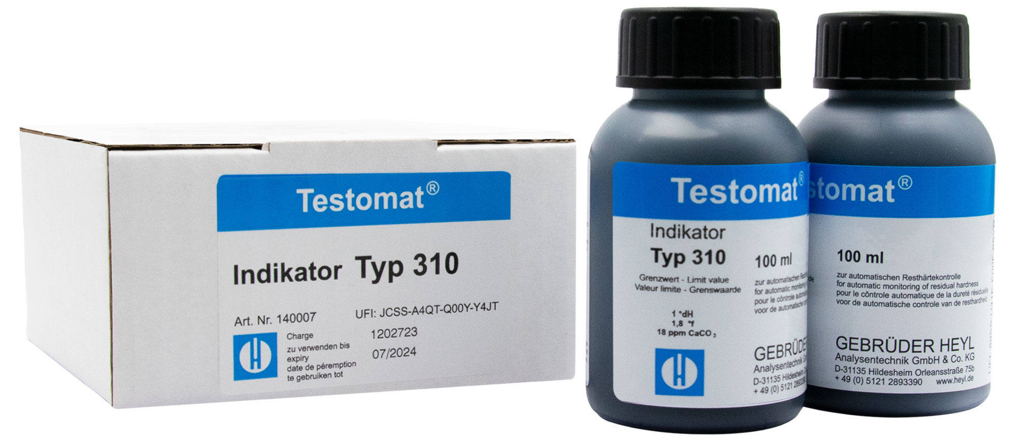 Testomat® 808 Indicator 310, product photo with bottles and packaging, suitable for analysis water