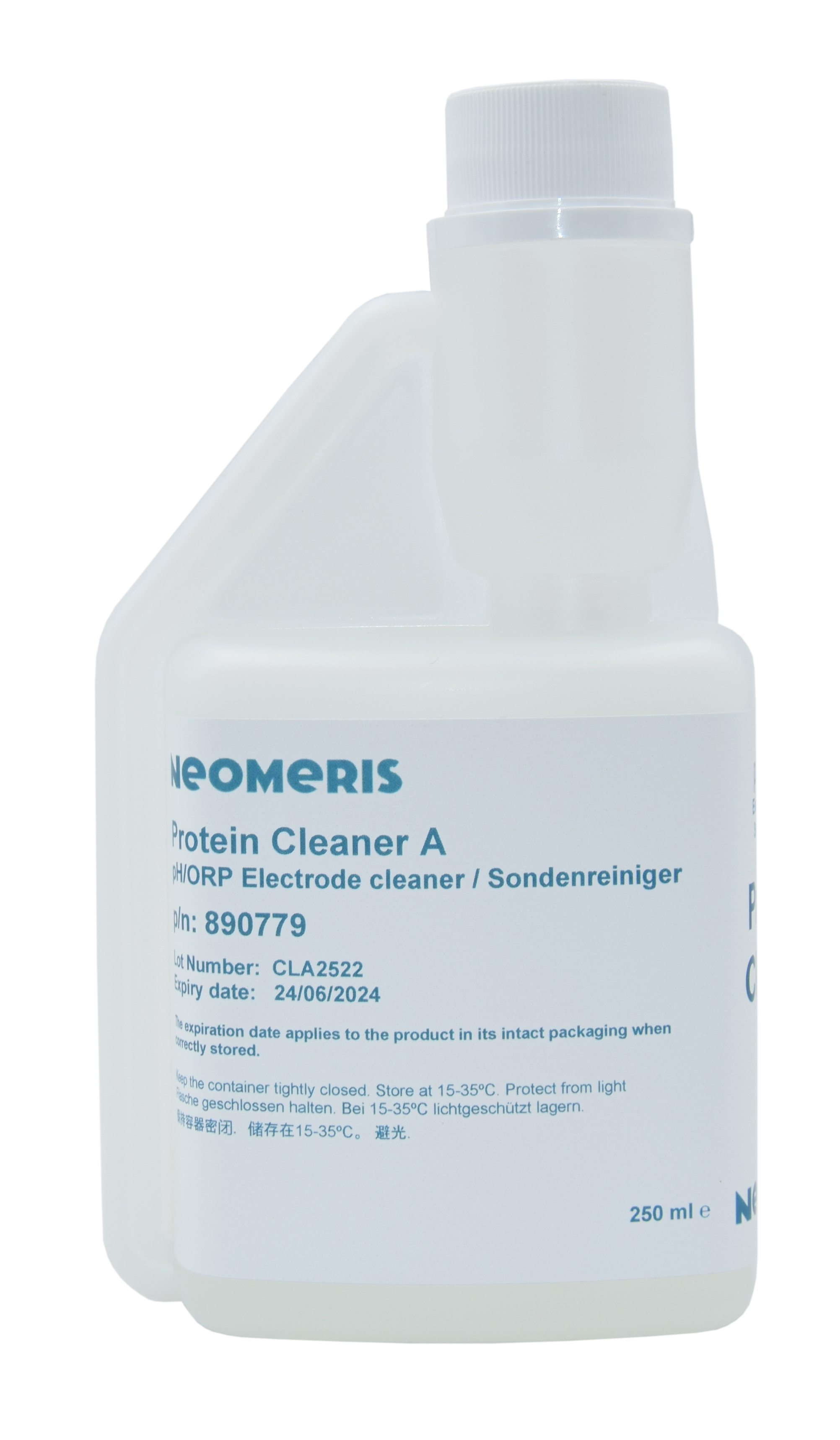 Neomeris cleaning solution for pH and redox electrodes (Pepsin) - probe cleaner Reinigungslösung für pH- und Redox-Elektroden, Frontansicht 250 ml Flasche, transparente Flasche mit blauem Etikett text