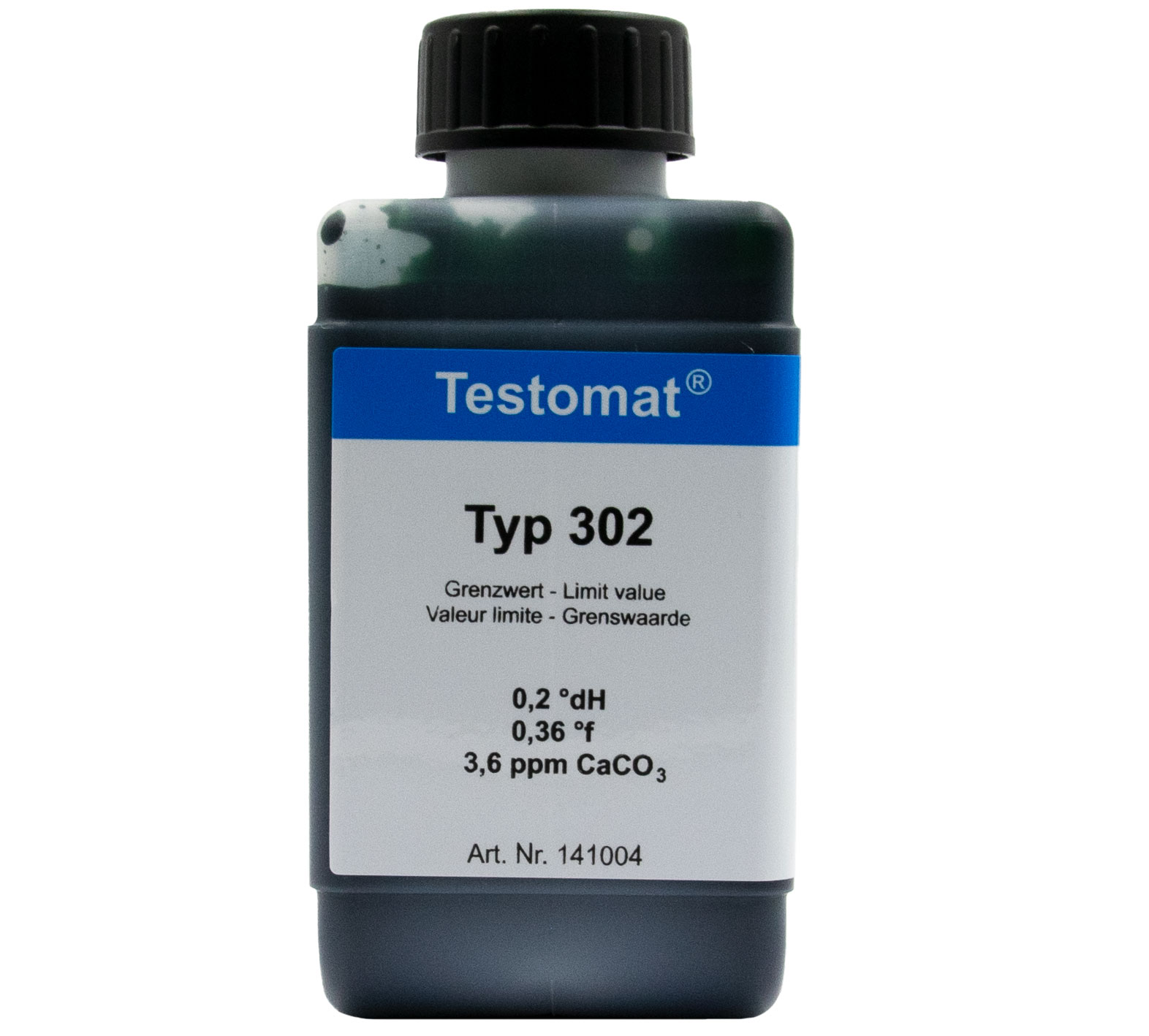 Testomat® 808 Indicator 302, label view of the 500 ml bottle, front view