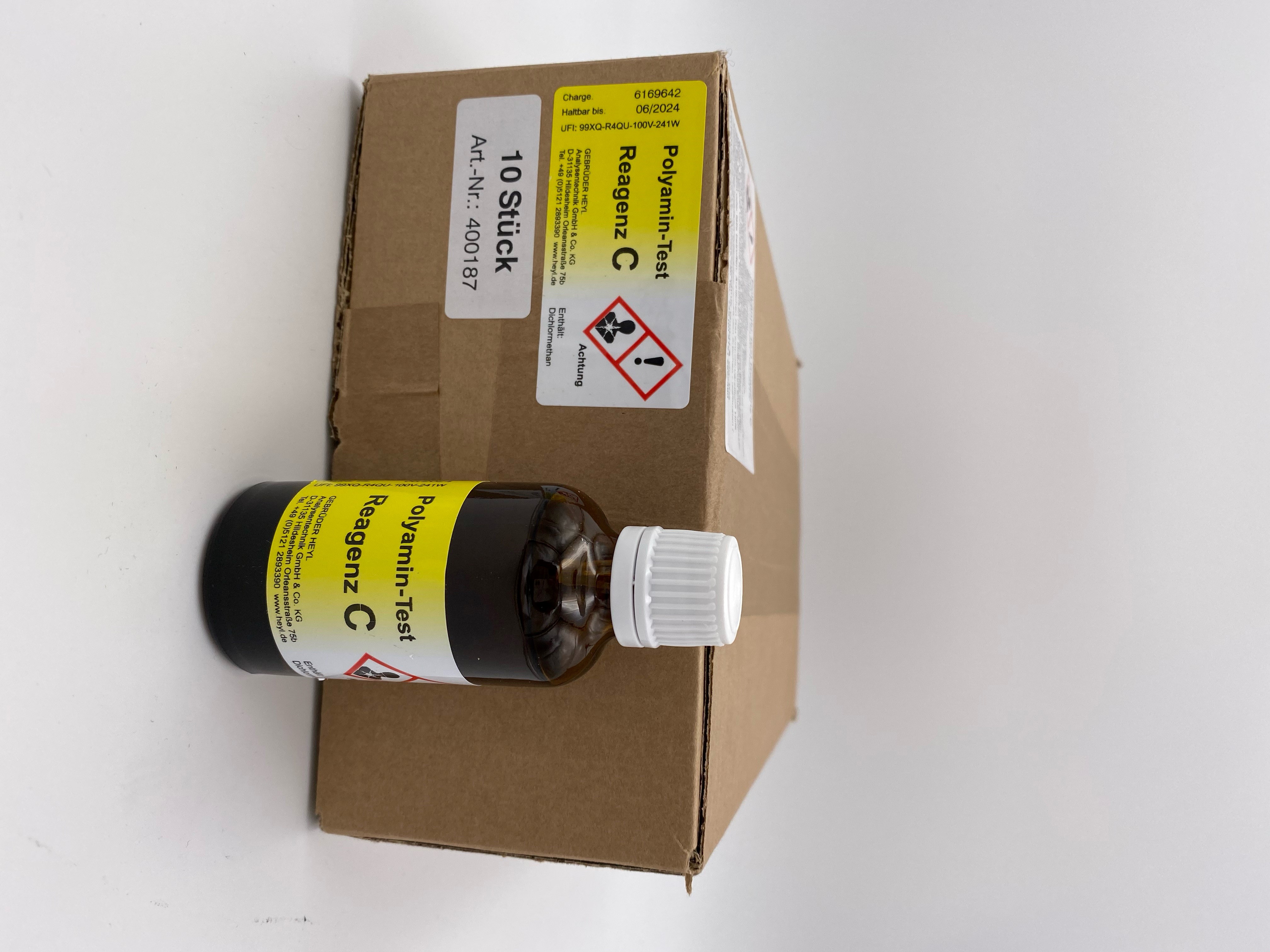 Polyamine Reagent C Polyamine Reagenzien C, 10 Fläschchen à 8 ml, von vorne fotografiert, Laborprodukt