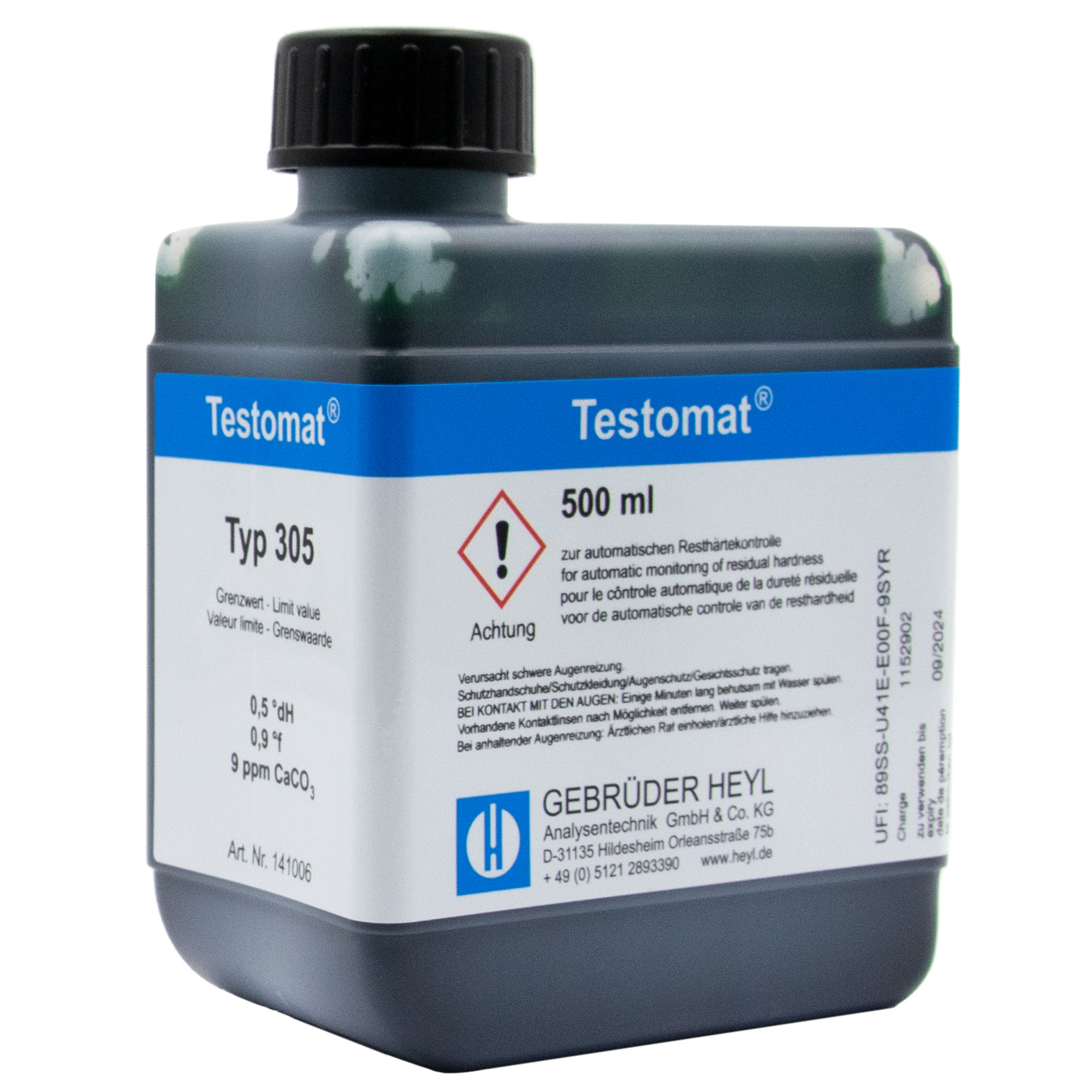 Testomat® 808 Indikator 305, 500 ml Flasche mit klarer Beschriftung, Wasseranalyse, seitliche Ansicht