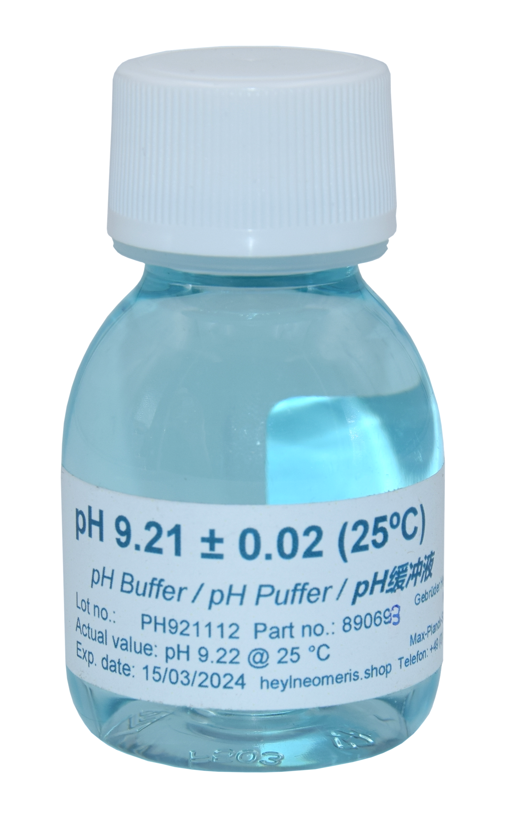 Pufferlösung pH 9.21, 70 ml Kunststoffflasche, blau gefärbt, zur präzisen Kalibrierung von pH-Sensoren