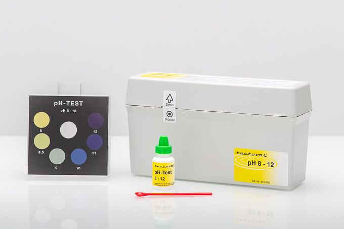 Testoval® pH-value 8-12 kit Testoval pH-Bereich 8 bis 12 Testbesteck, klare Beschriftung und Produktdetails sichtbar, inkl. Farbvergleichsgerät für pH 8-12