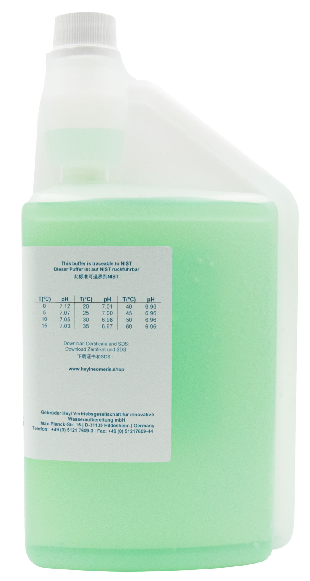 Rückseite Neomeris pH 7.00 Pufferlösung Flasche 1 Liter, Etikett mit Inhaltsangaben