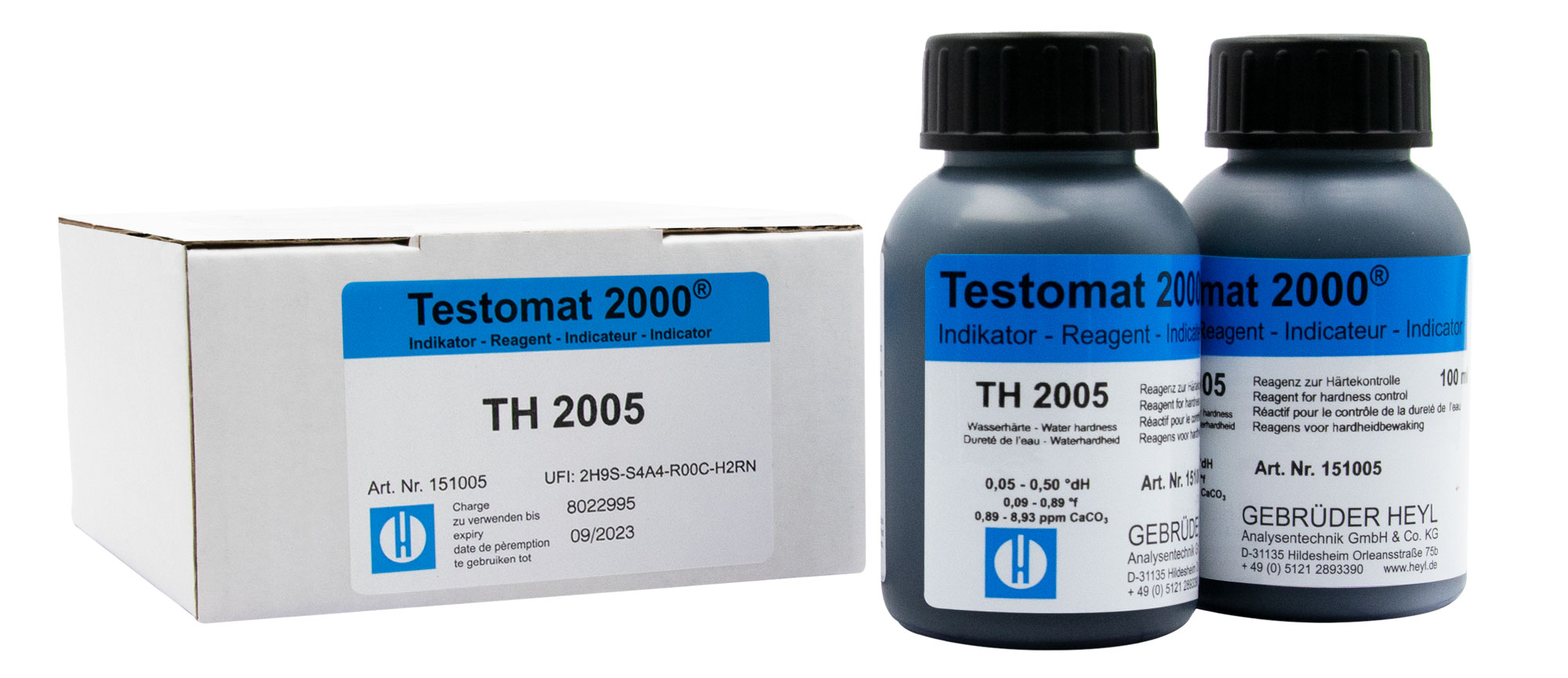 Testomat® Indicator TH2005, 2 bottles side by side, measurement of residual hardness in water