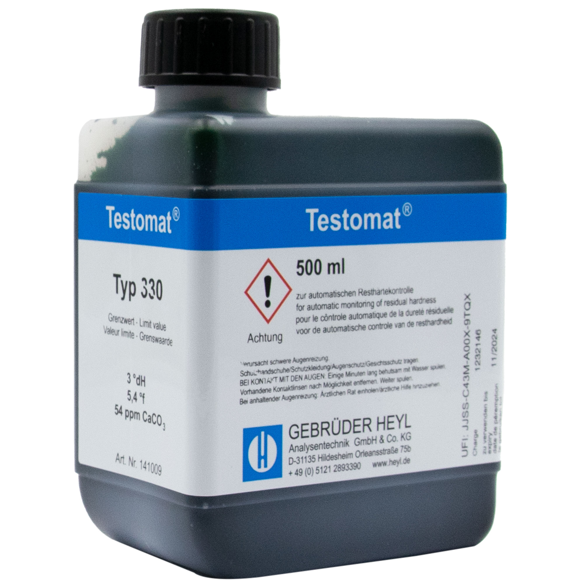 Testomat® 808 Indicator 330, label view of the 500 ml bottle, limit value 3.0 °dH