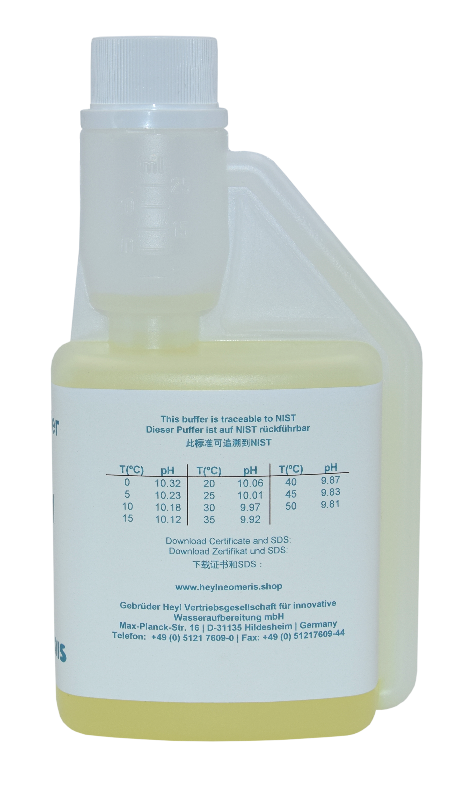 Pufferlösung pH 10.01, Rückansicht der 250 ml Flasche mit gelber Lösung