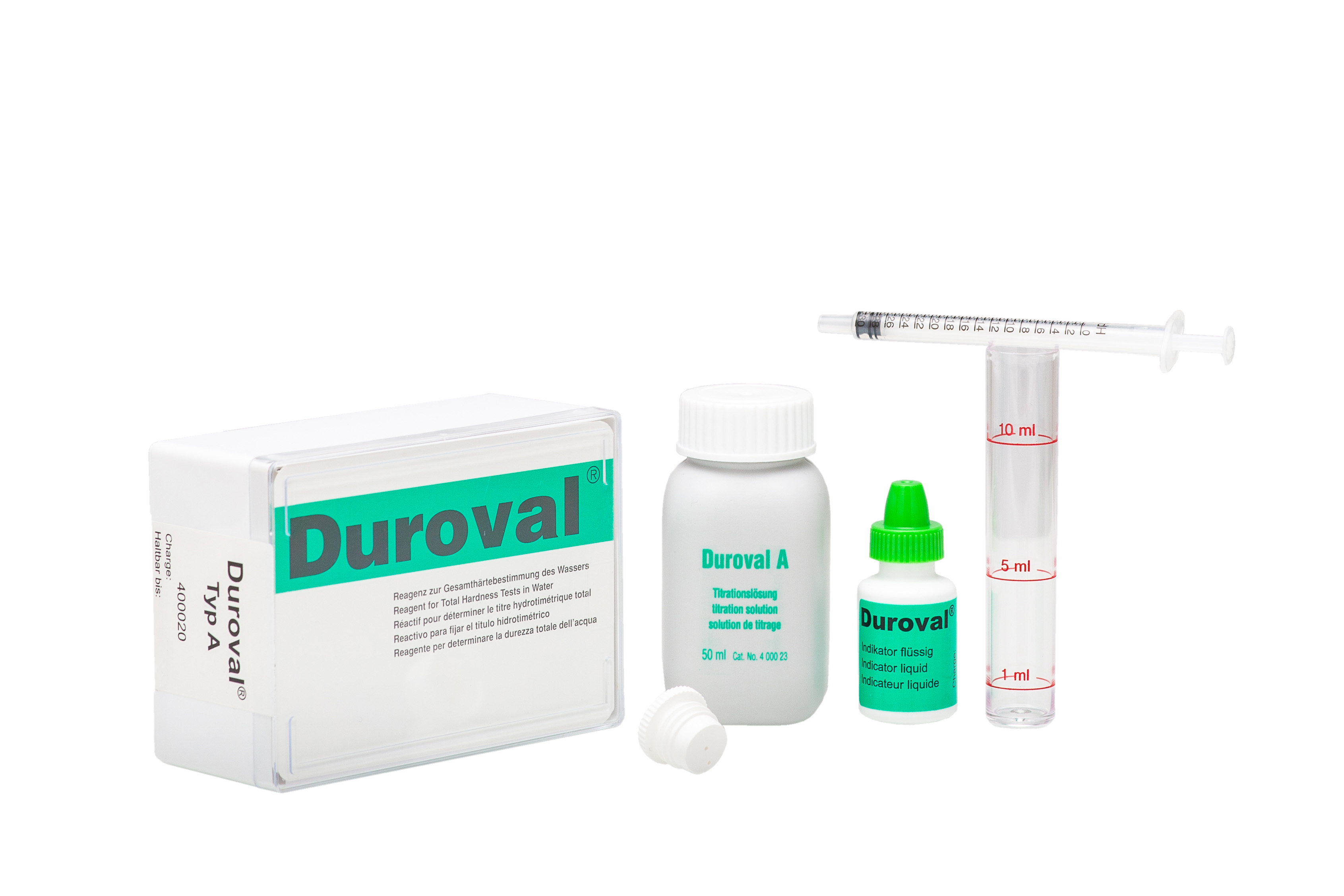DUROVAL® A Test kit 0-30°dH DUROVAL A Testbesteck 0–30 °dH, Detailaufnahme der Pipette und Indikatorflasche, präzise Wasserhärte-Messung