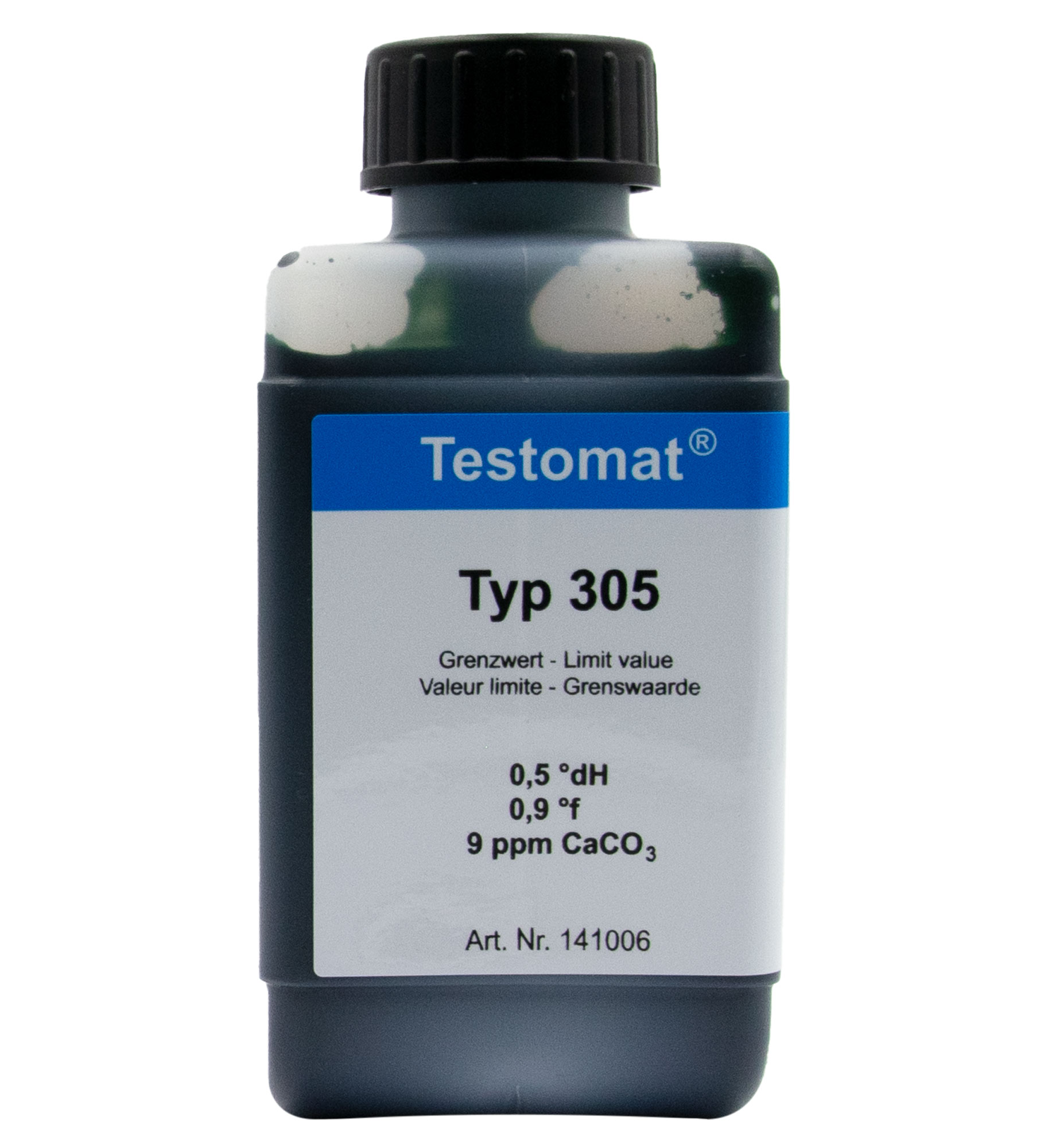 Testomat® 808 Indicator 305, front view of the 500 ml bottle, water hardness analysis