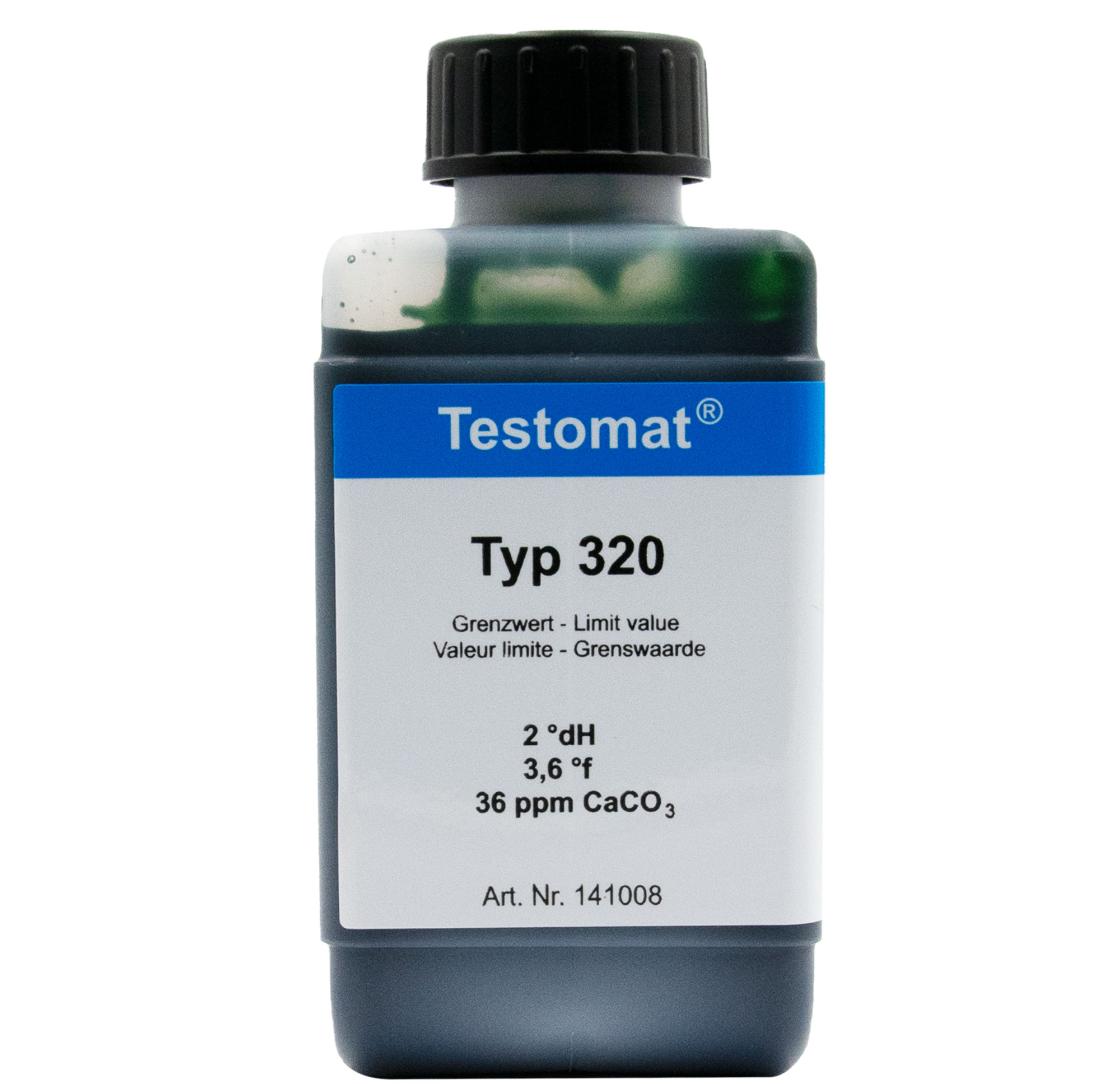 Testomat® 808 Indicator 320, front view of the 500 ml bottle, water hardness analysis
