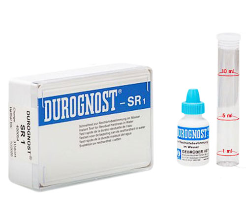 DUROGNOST® SR 1 (1 / 0.5 °dH) limit value test kit DUROGNOST_SR 1 (1 _ 0,5 dH) Grenzwert-Besteck.jpg DUROGNOST SR 1 Grenzwert-Besteck mit Tropfflasche, Messröhrchen und Stopfen, Frontansicht