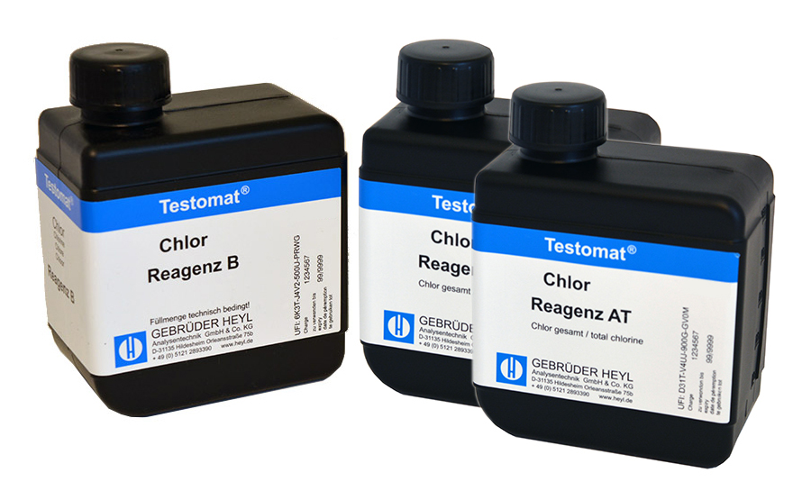 Testomat® LAB CL Chlorine reagent set T (total chlorine) 2 x 500 ml AT, 1 x 400 ml B Testomat LAB CL Chlor Reagenzsatz T, drei Laborflaschen mit Etiketten zur Chlor-Gesamtmessung