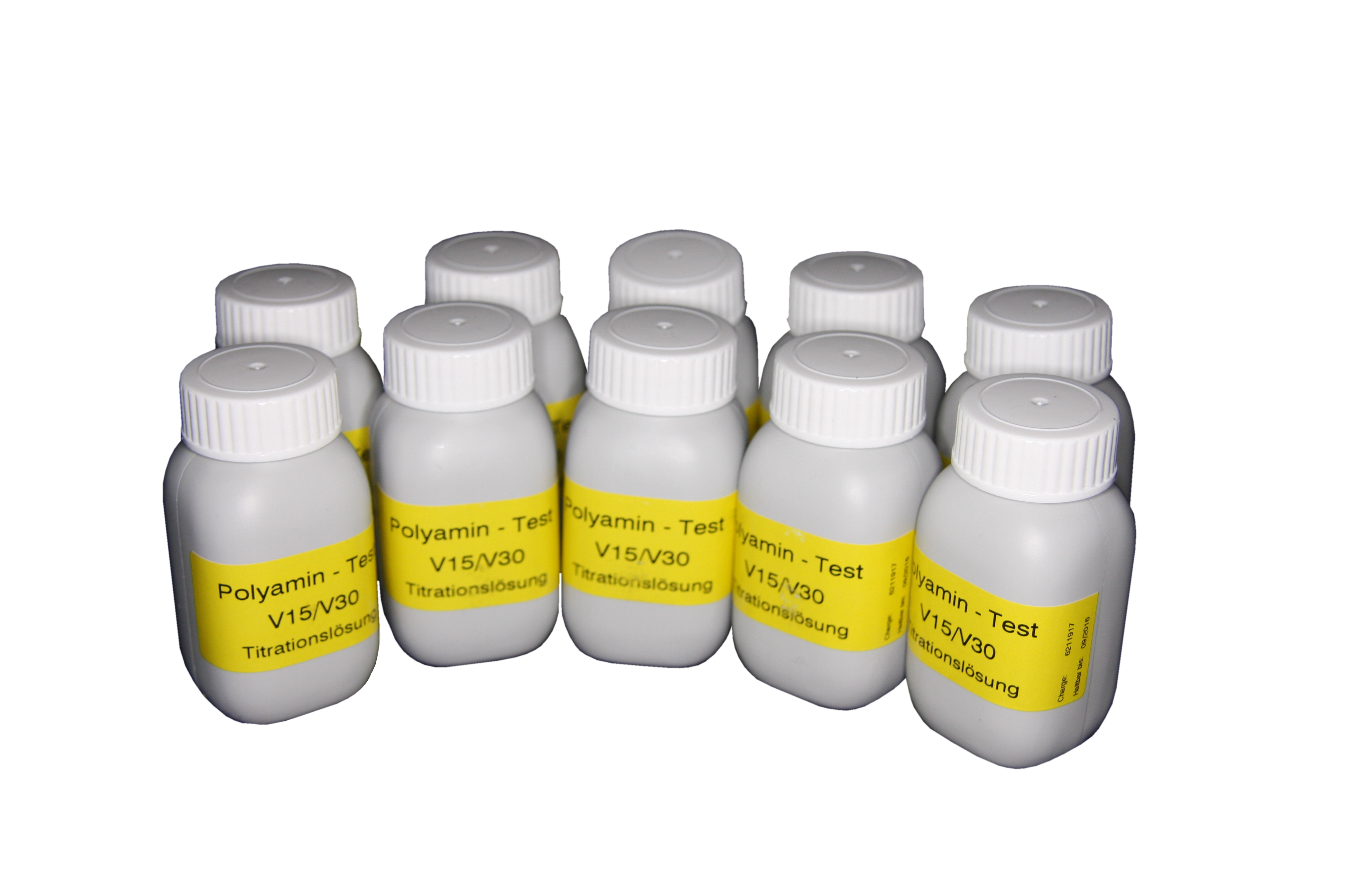 Polyamine titration solution V15/30 Polyamine Titrationslösung V 15/30, 10 Flaschen à 50 ml, Originalverpackung, Laborchemikalie