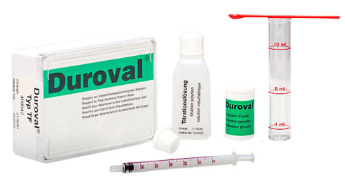 DUROVAL® TF DUROVAL TF Komplettpaket mit Zubehör auf weißem Hintergrund, schnelle Wasserhärtemessung, ca. 60 Analysen möglich