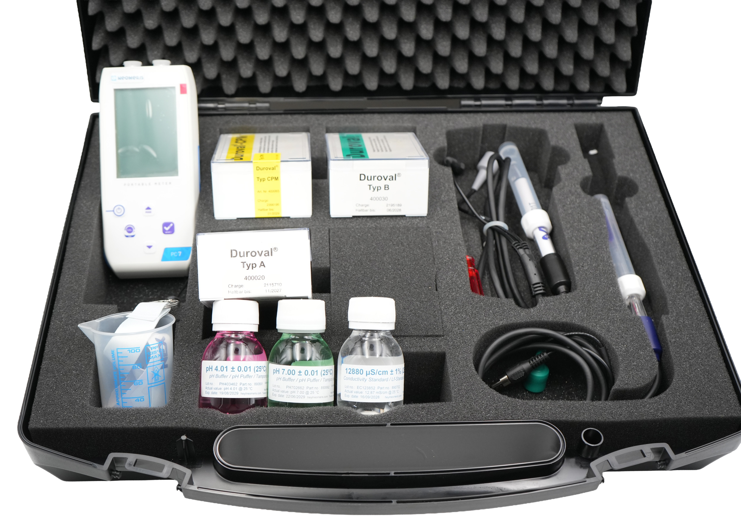 Professional analysis case Kesselhaus, open case with measuring instruments and accessories, electrodes, buffer solutions and measuring cups, neatly arranged, complete hand laboratory set