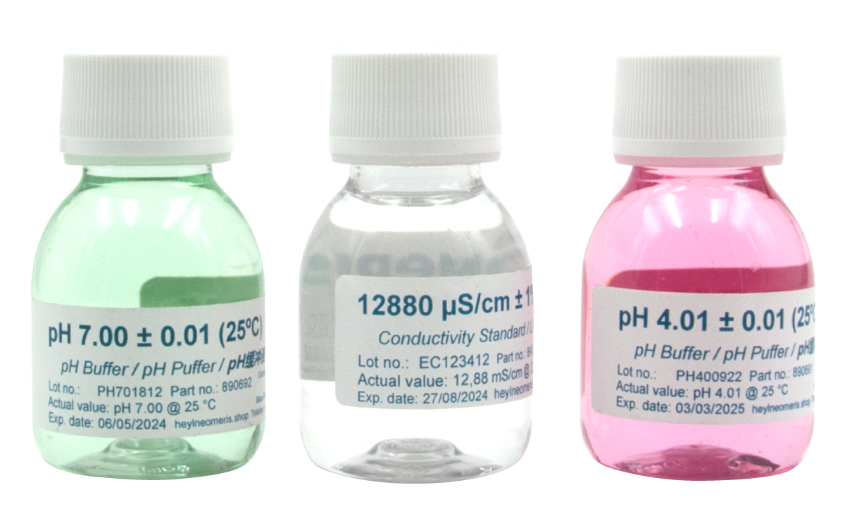 Professional-Analysenkoffer Kesselhaus, Laborflaschen mit Kalibrierlösungen, pH 4.01, pH 7.01 und EC 12880 µS/cm, professionelles Wasseranalysenzubehör